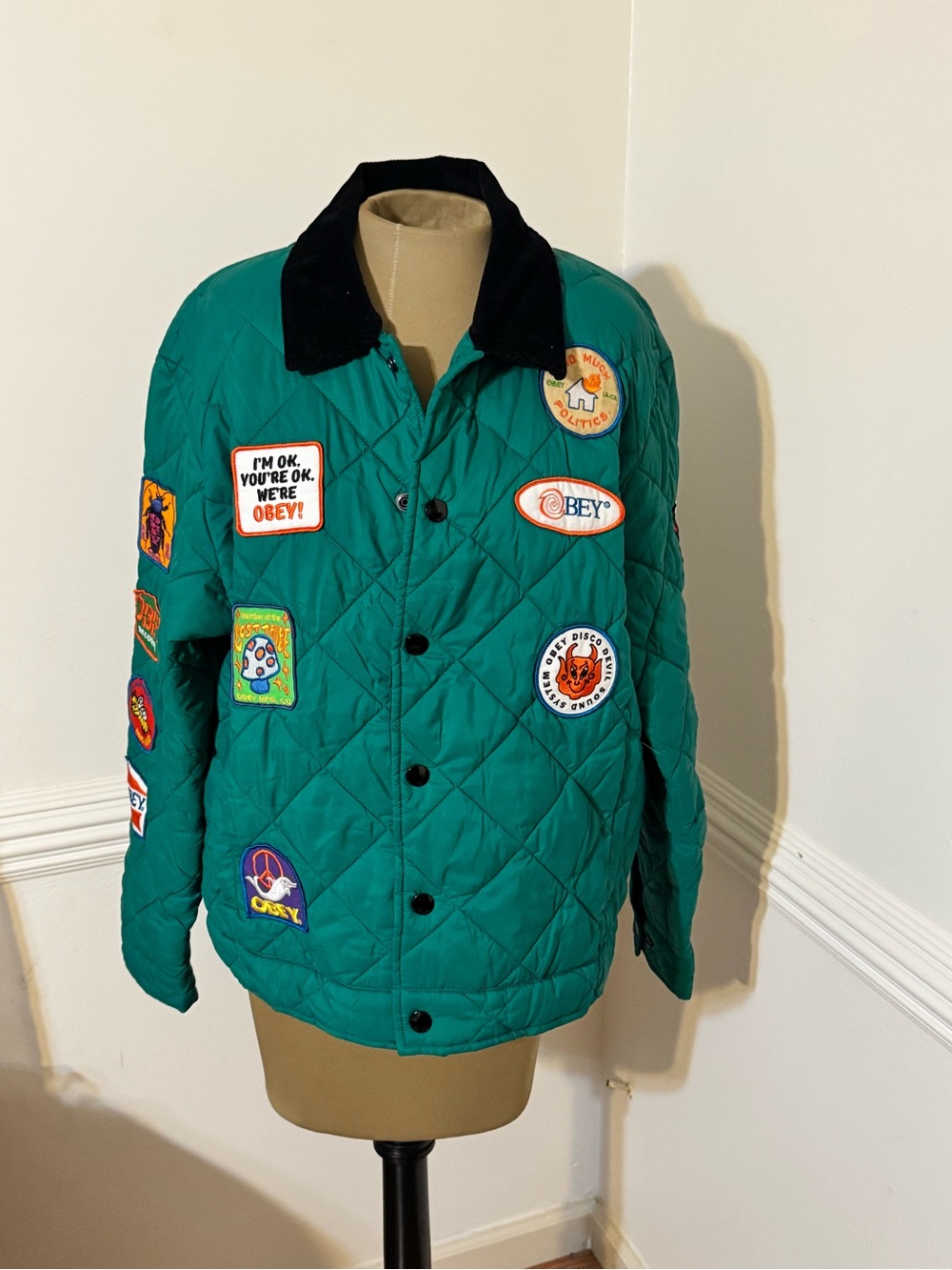 OBEY Green Quilted Men’s Jacket with Patch Details